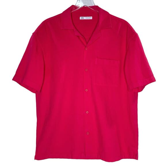 Zara L Mens Cotton Button Front Shirt Bold Magenta Short Sleeve Breathable - Picture 2 of 10